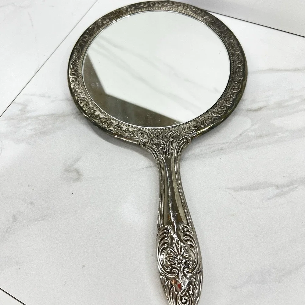 Vtg Repousse Heavy Silver Plate Vanity Hand Mirror Victorian Ornate Floral 9.5